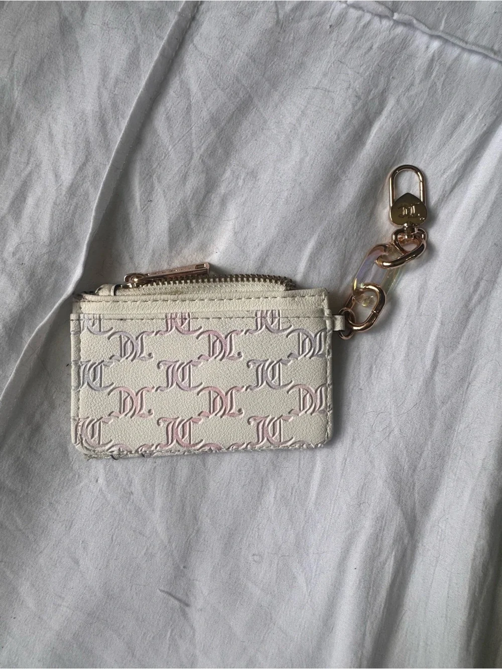 Juicy Couture Cream Card Holder Keychain with Pink Monogram